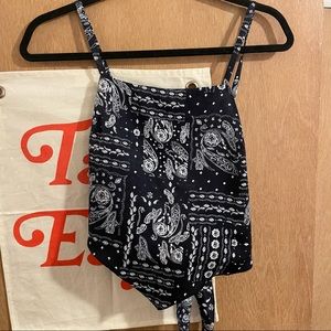 Navy Blue Tie-Back Blue Paisley Tank Top